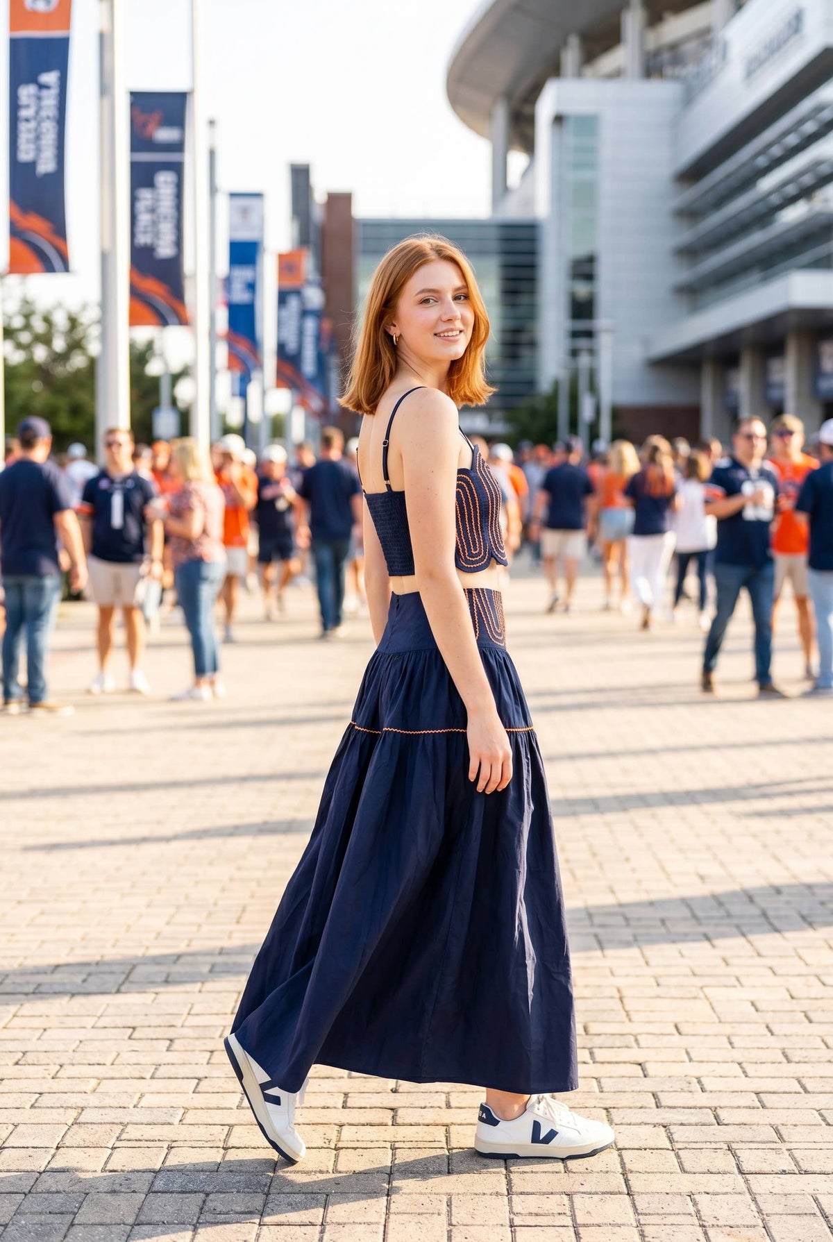 Exclusive Lace Trimmed Top & Skirt Set: NAVY/WHITE / L