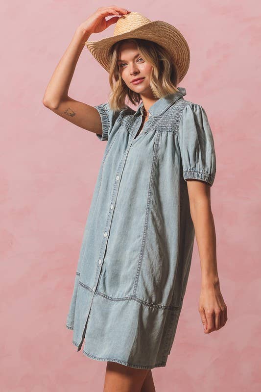 Washed Denim Smocked Yoke Button Up Shirt Dress