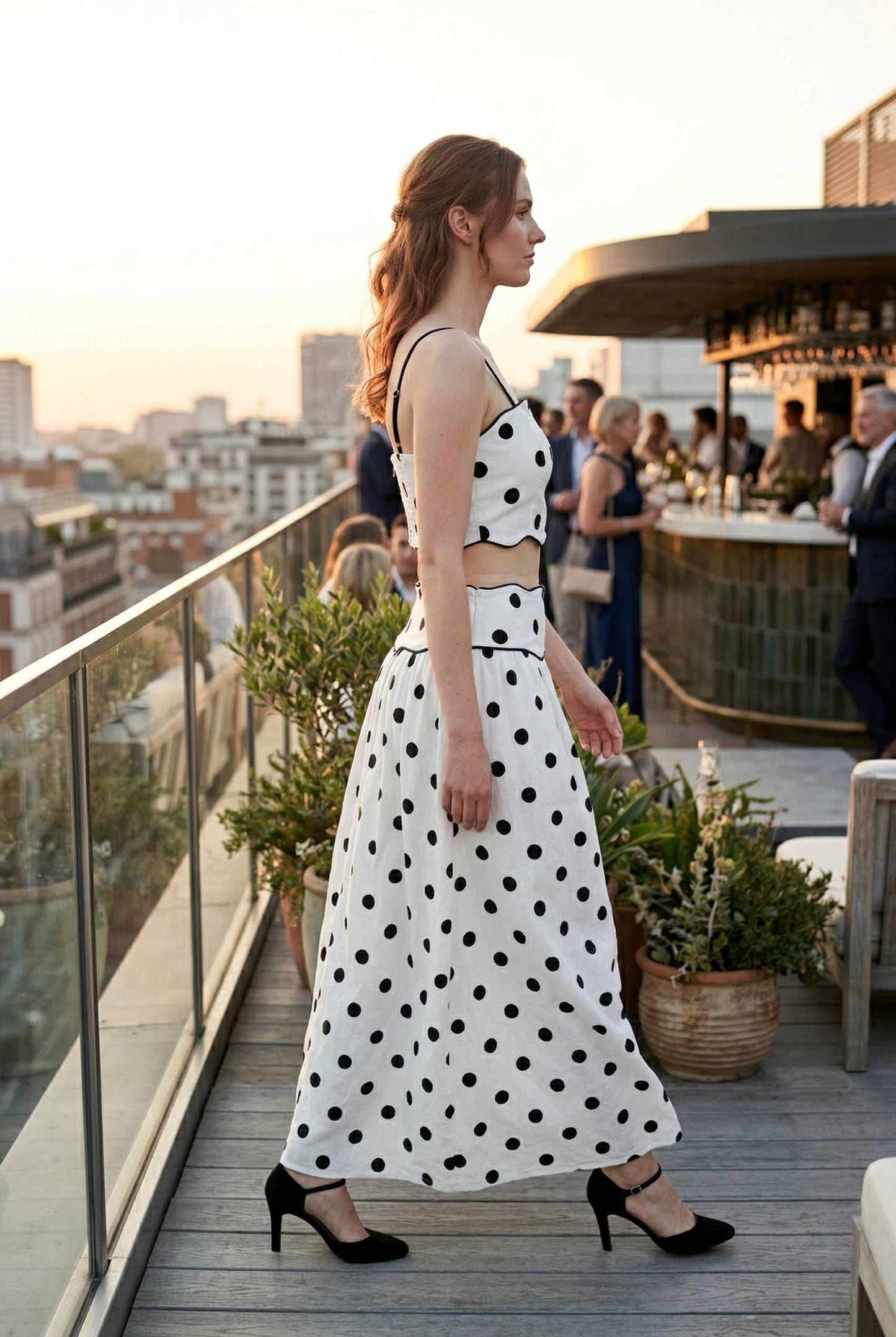 Polka Dot Wave Trim Top & Skirt Set