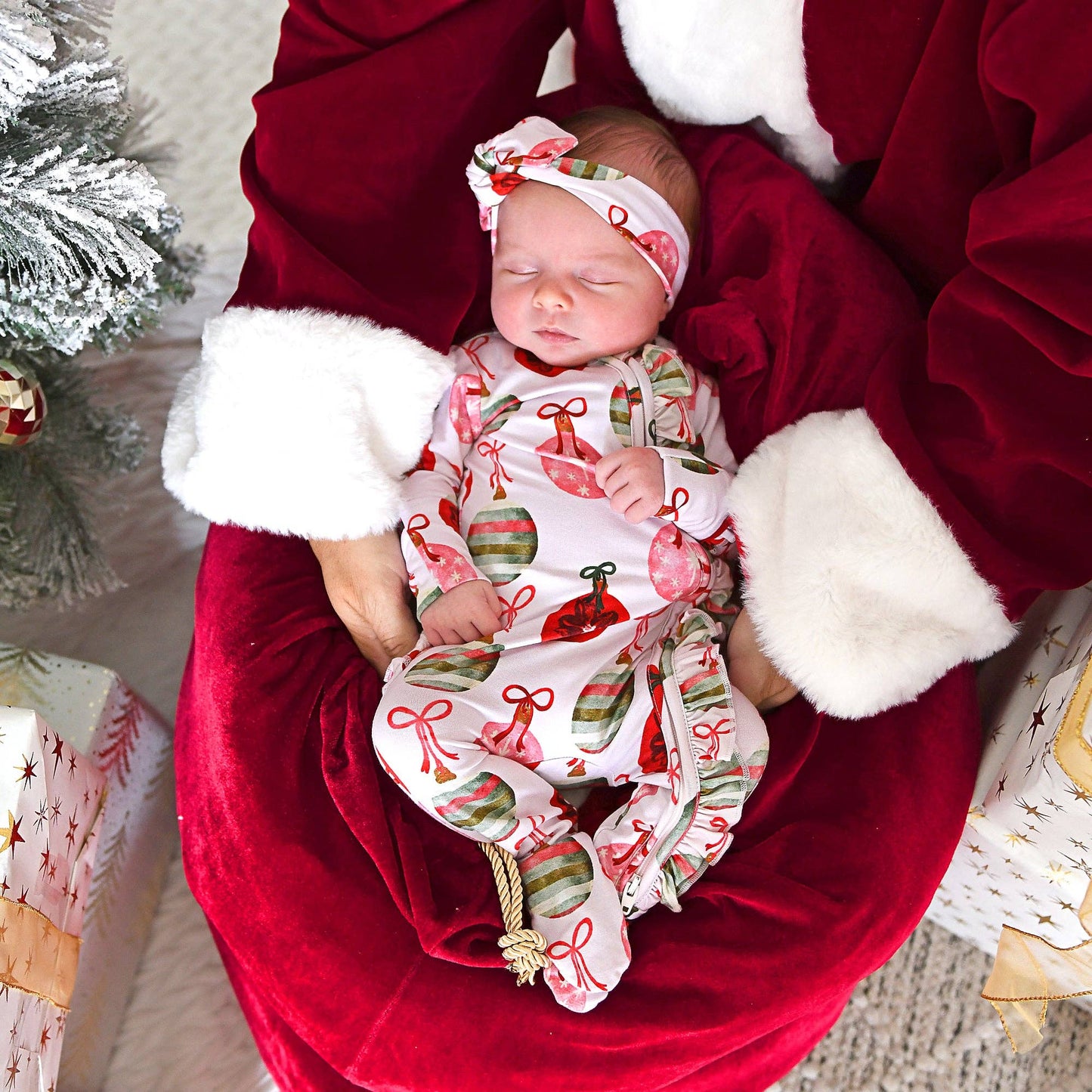 Kit Ornaments Ruffle Zip Christmas Ruffle  bamboo baby one piece outfit