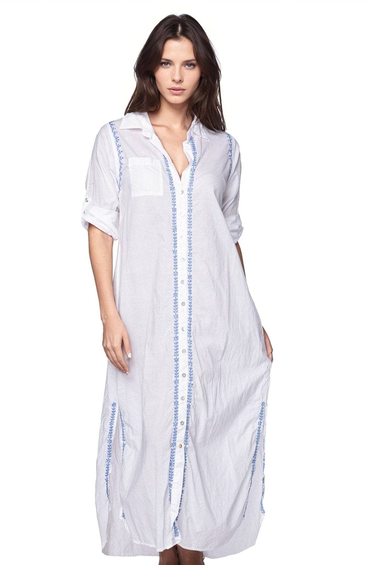 Maxi Boyfriend Cotton Shirt Dress with Contrast Embroideries