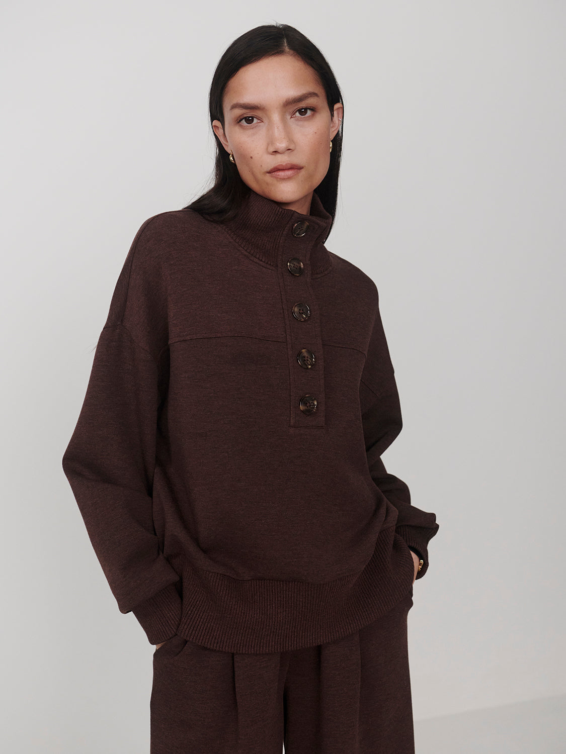 Bronya Button Placket Sweater - Coffee Bean Marl