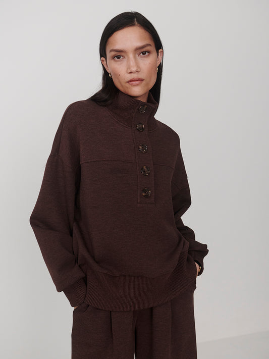Bronya Button Placket Sweater - Coffee Bean Marl