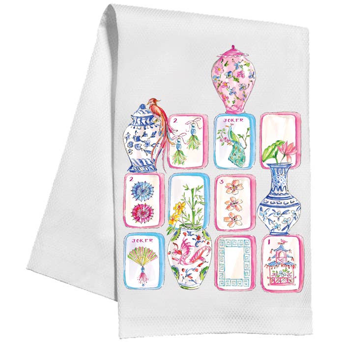Mahjong Tiles and Chinoiserie Pots Kitchen Towel - Thumbnail 2
