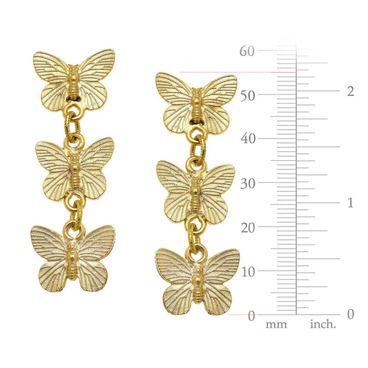 Gold Post Earrings with 3 Butterfly Drop