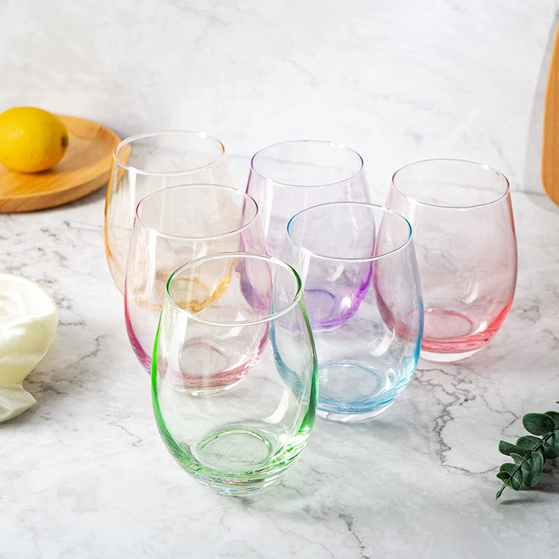 Stemless Colored Wine Glasses, Multicolor - 12 oz - Set of 6