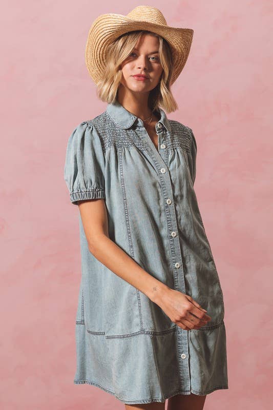 Washed Denim Smocked Yoke Button Up Shirt Dress