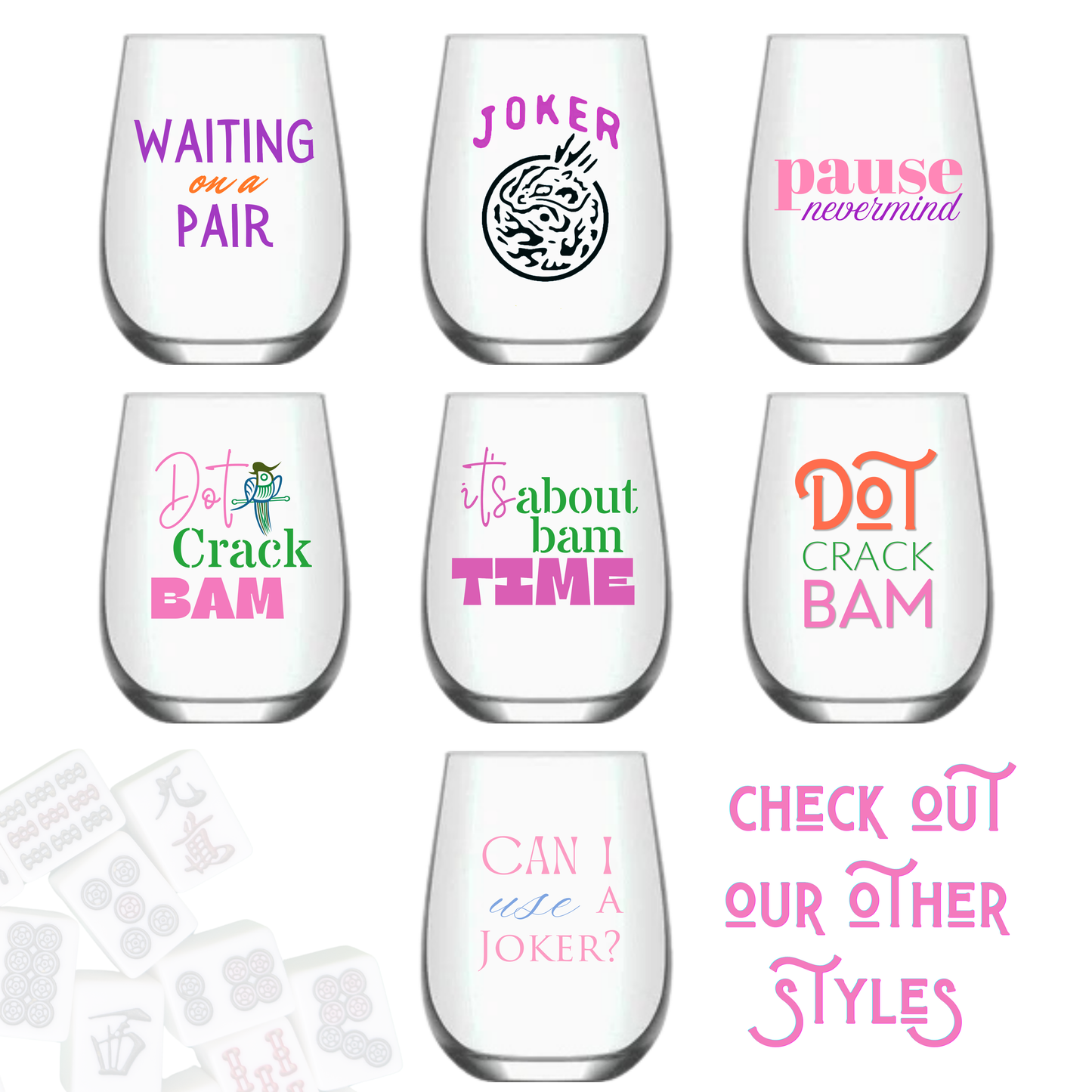 Mahjong Stemless Wine Glass "Joker" - Single 1ct