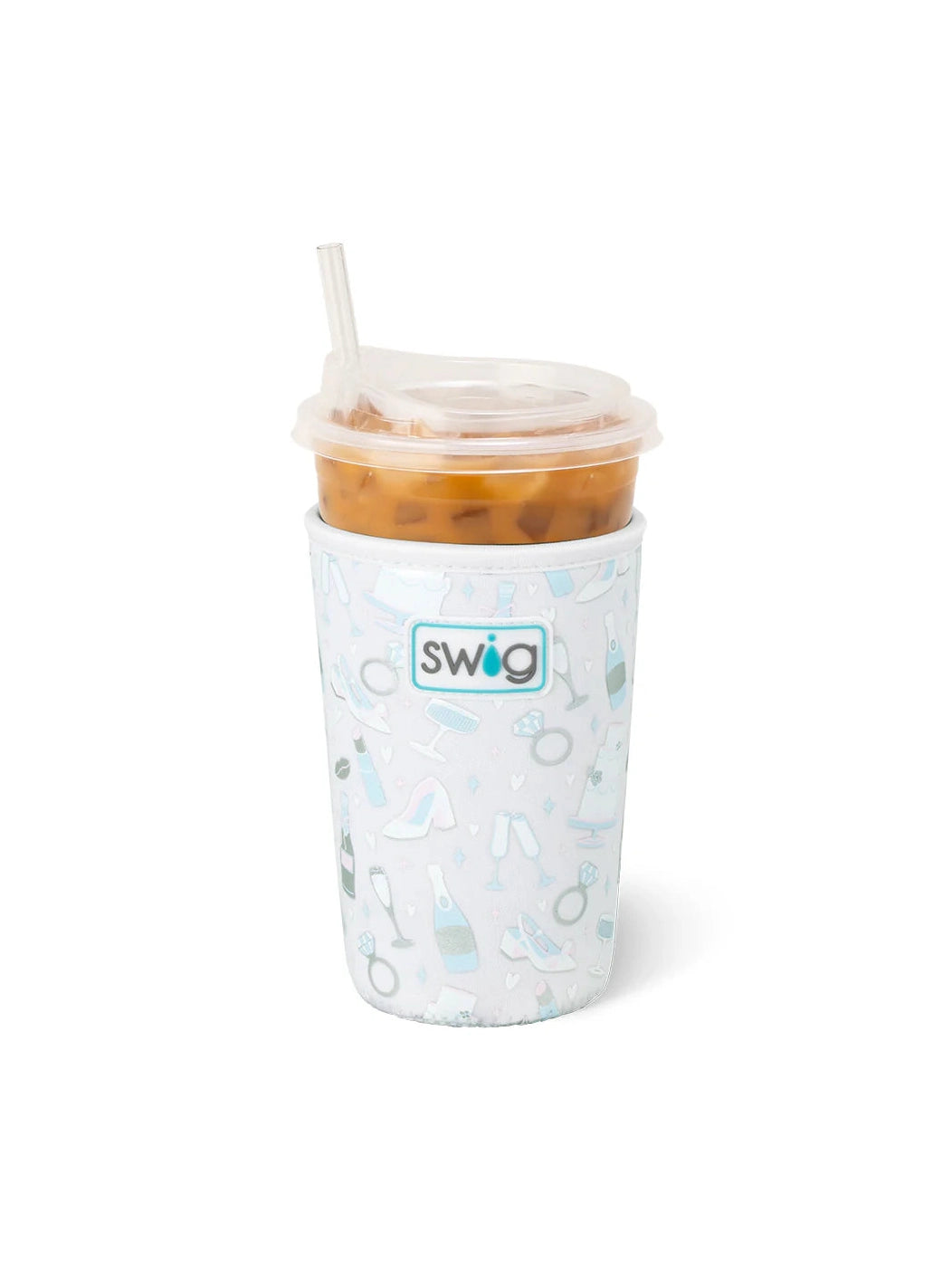 Bride To Be wedding pattern insulated cup coolie holding iced coffee tumbler