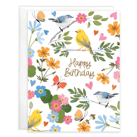 Birthday Greeting Card - Songbirds and Flowers