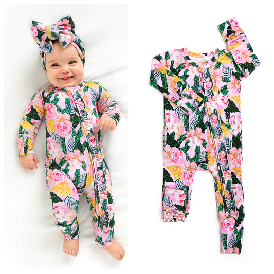 Luana RUFFLE ZIP Bamboo One Piece Floral Baby Outfit