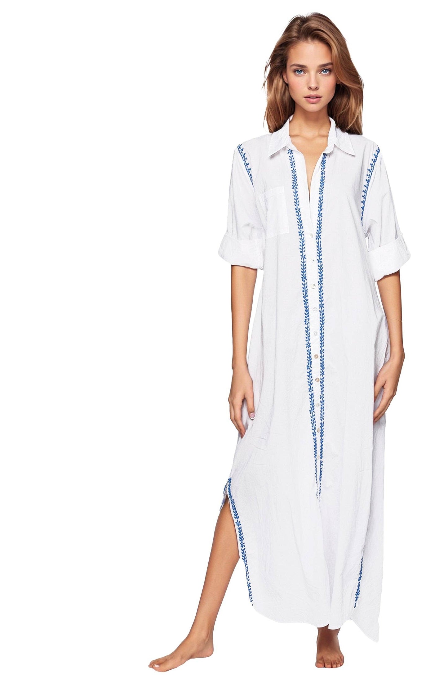 Maxi Boyfriend Cotton Shirt Dress with Contrast Embroideries