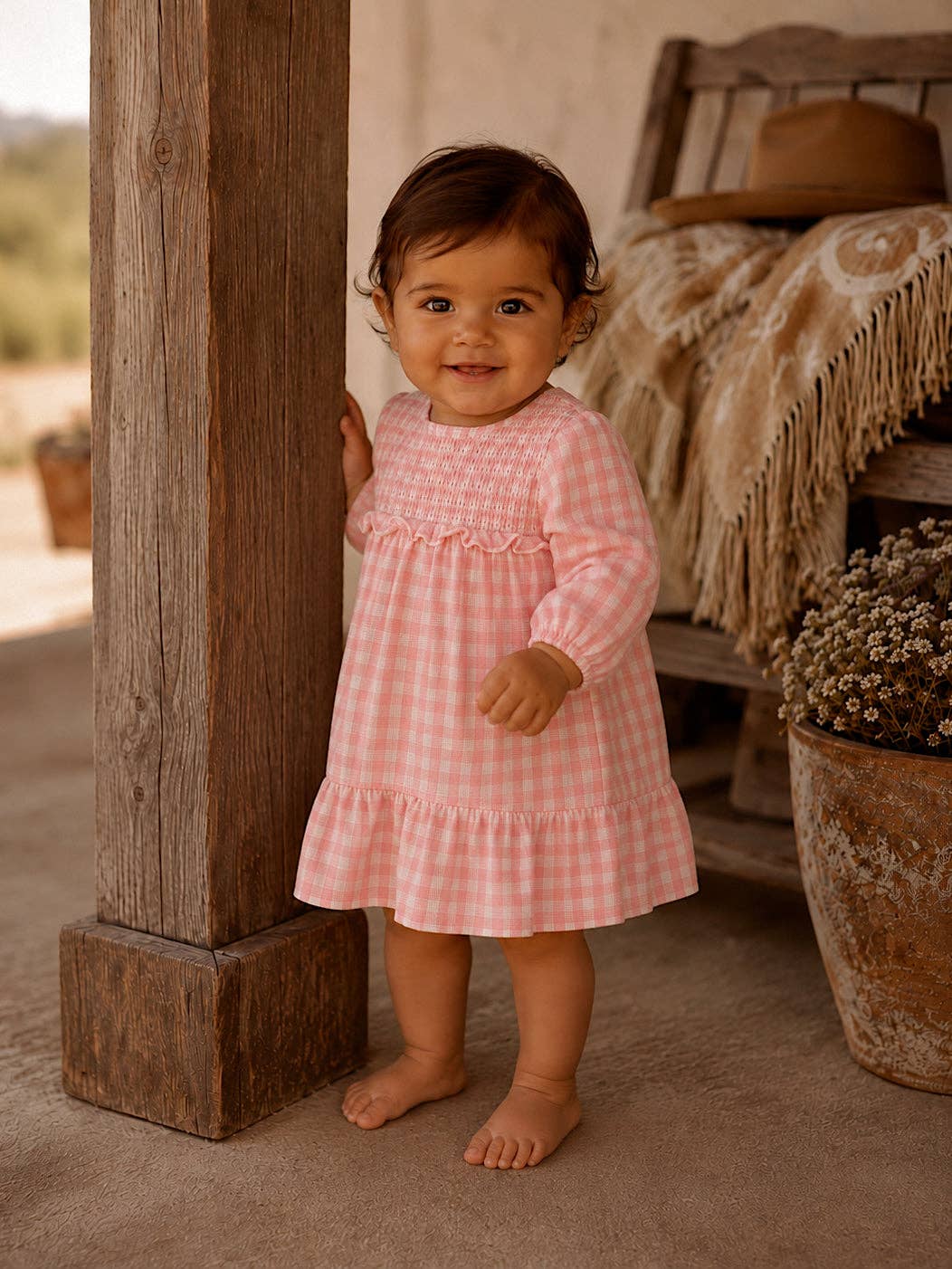 Smocked Ruffle Tiered Dress & Bloomer, Pink Gingham