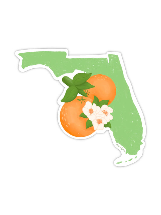 Florida State Shaped Sticker With Orange Blossoms