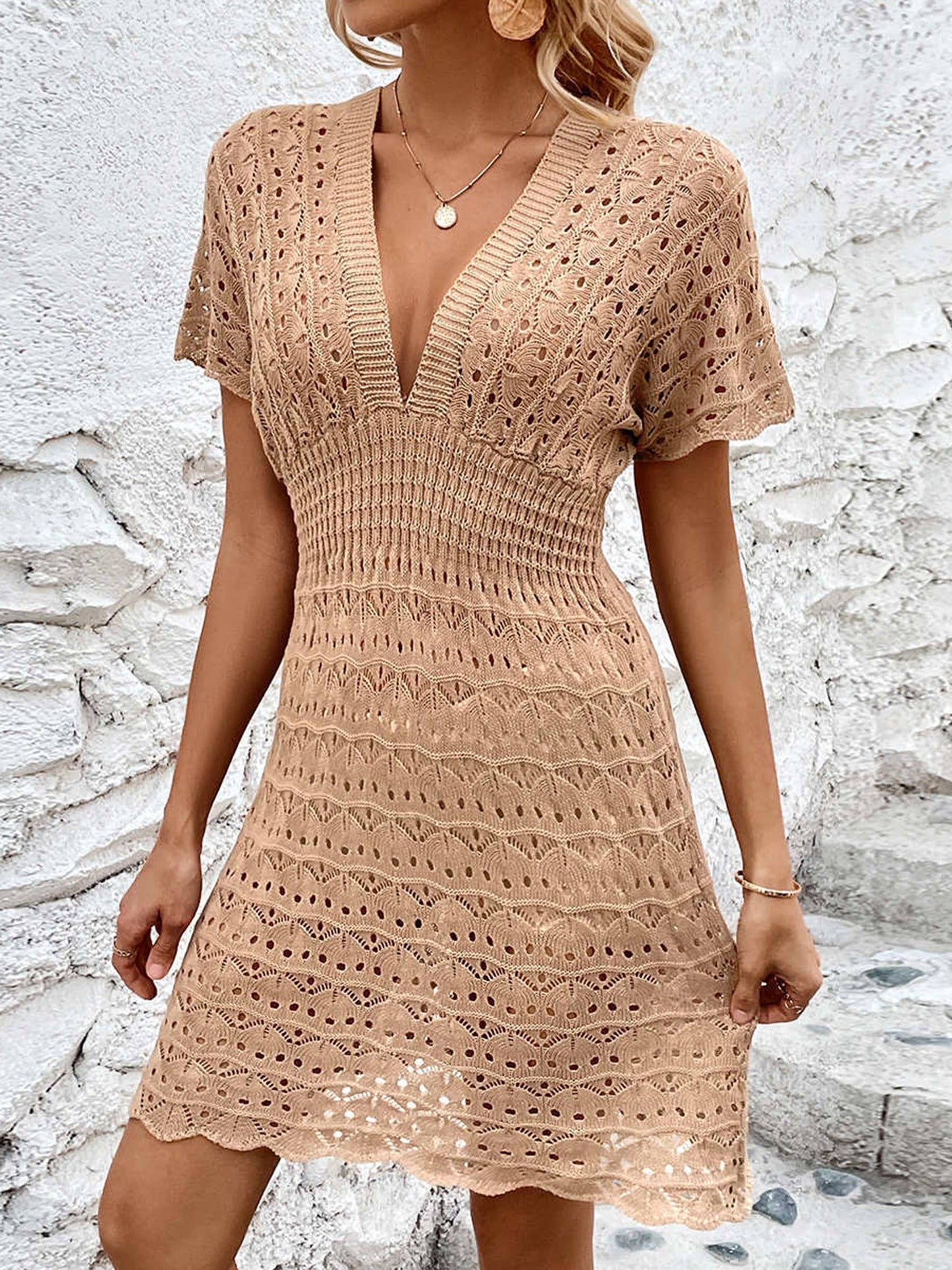 Deep V-neck Wave Pattern Hollowed Out Beach Dress