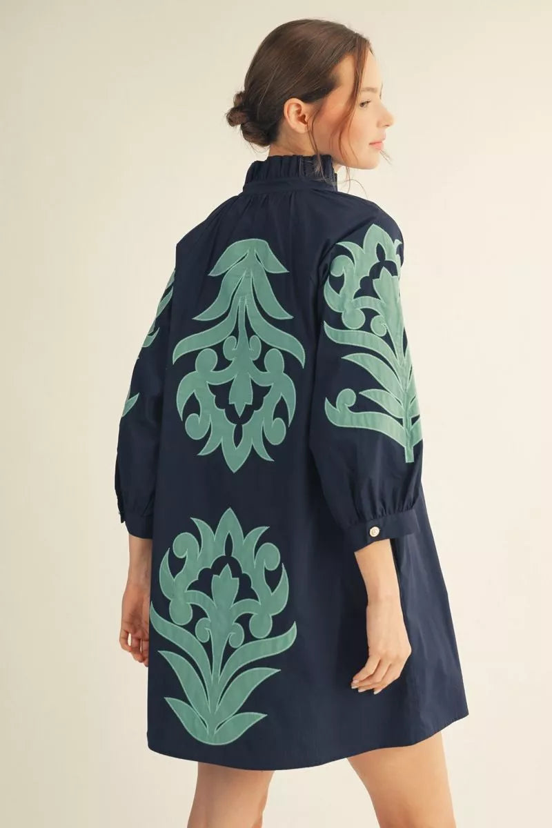 Aqua Applique Floral Mini Dress