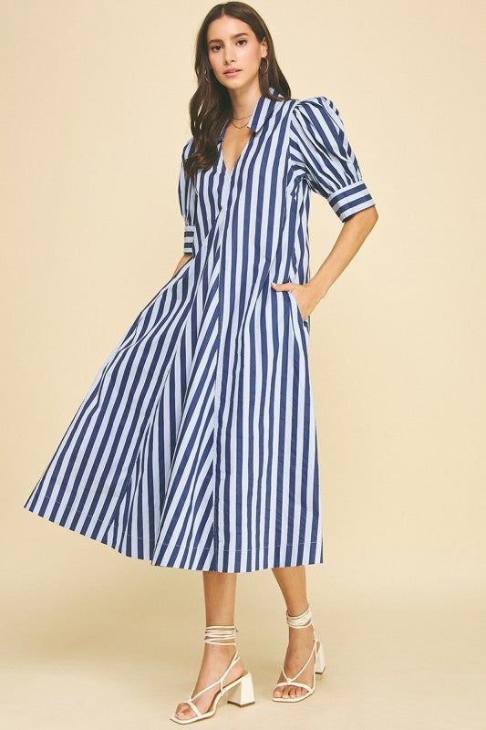 Navy Stripe V-Neck Midi Dress