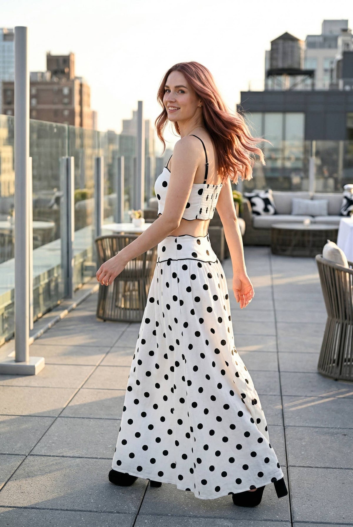 Polka Dot Wave Trim Top & Skirt Set