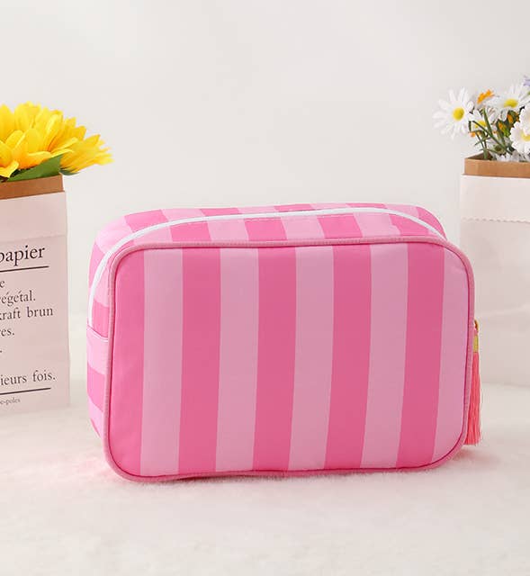 Color-Blocked Striped Pouch Bow Tassel Zipper Makeup Bag