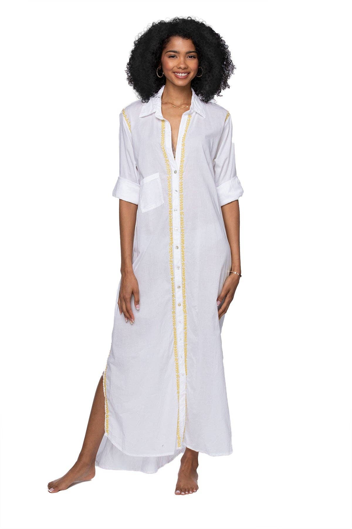 Maxi Boyfriend Cotton Shirt Dress with Contrast Embroideries