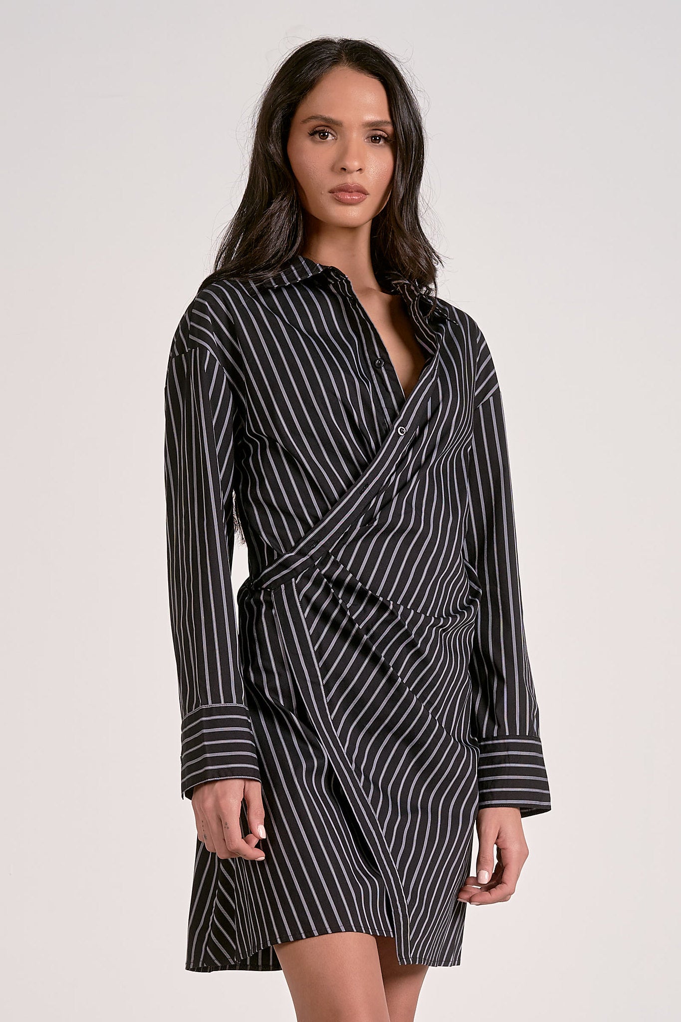 Black Pinstripe Crossover Dress