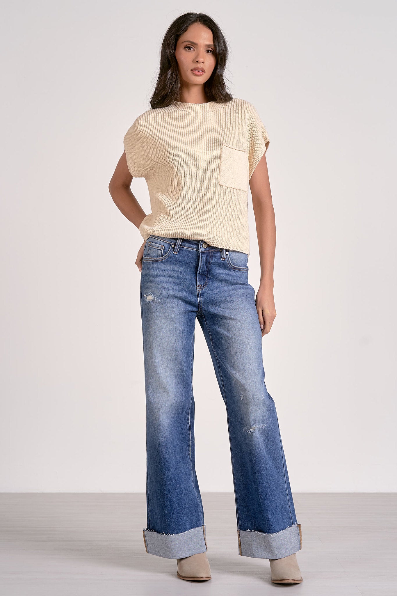 Oatmeal Cap Sleeve Pocket Sweater