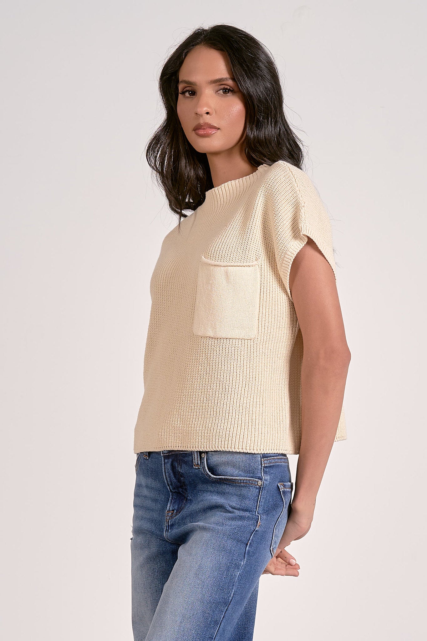 Oatmeal Cap Sleeve Pocket Sweater