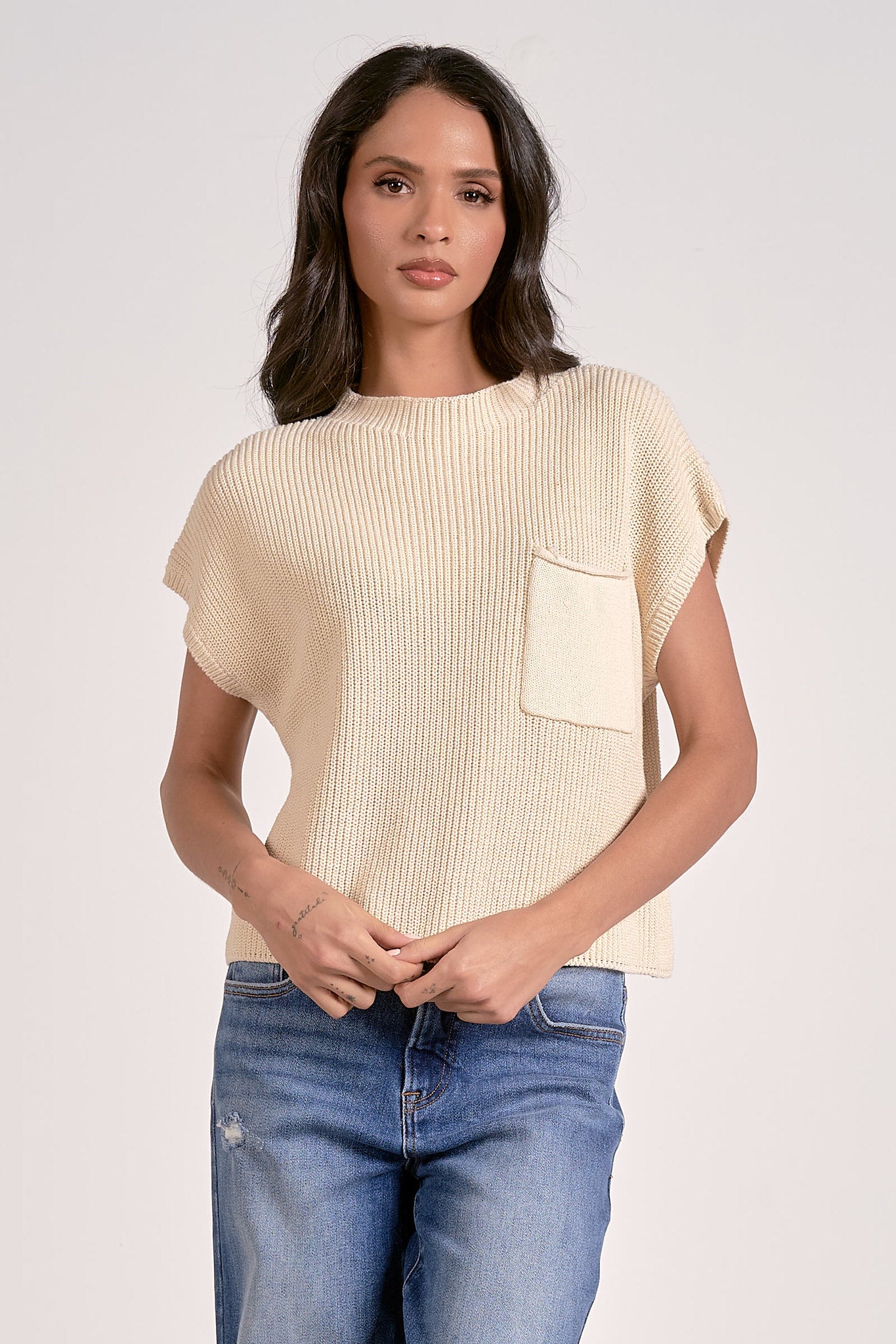 Oatmeal Cap Sleeve Pocket Sweater