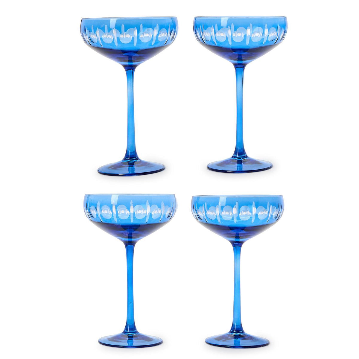 Sparkling Cut Blue Hand Engraved Coupe Wine Glasses - Set of 4