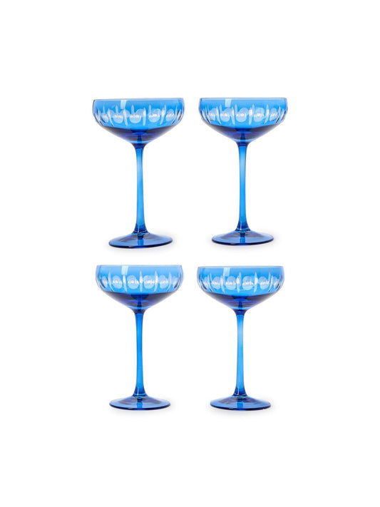 Sparkling Cut Blue Hand Engraved Coupe Wine Glasses - Set of 4
