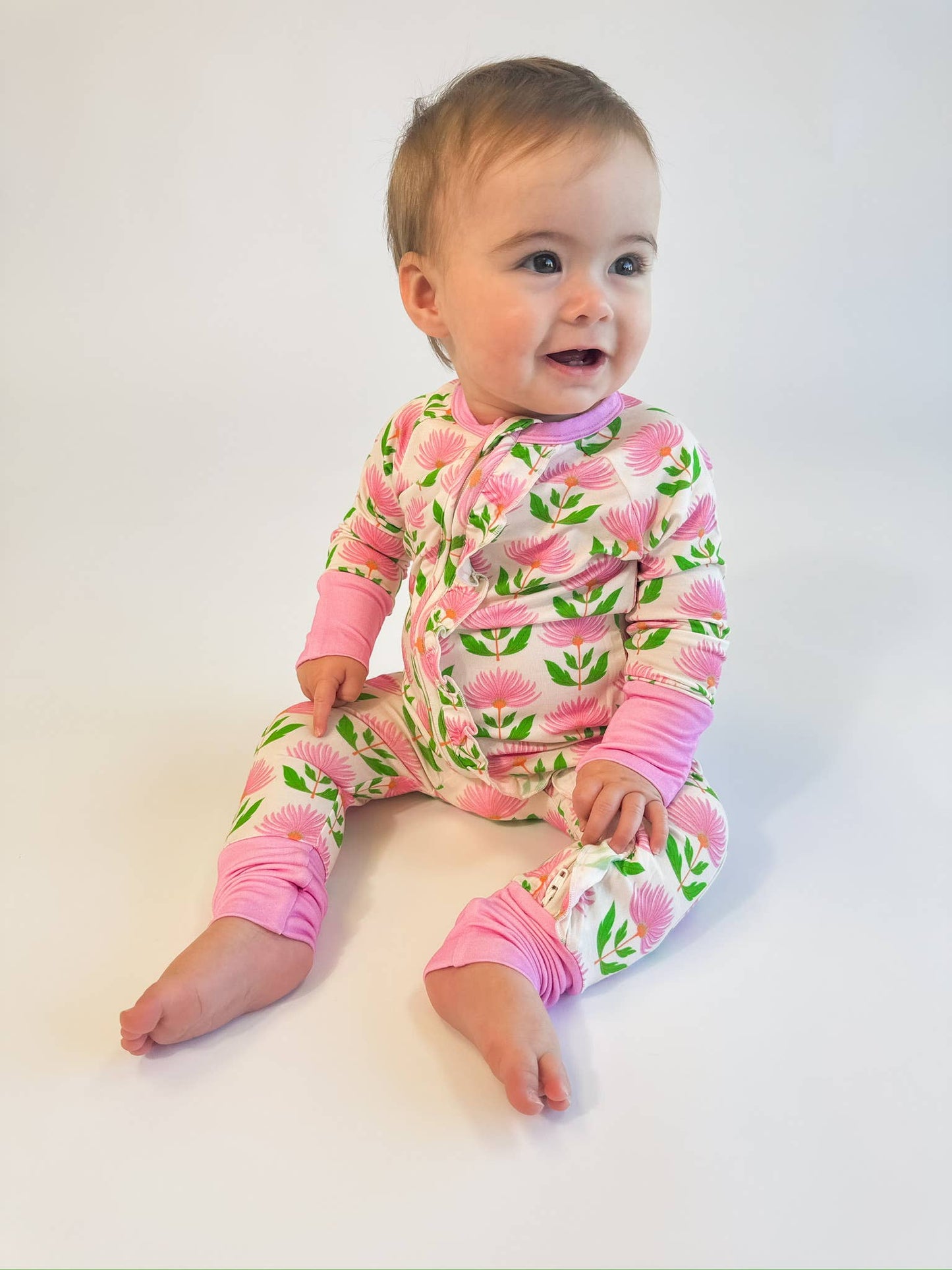 Pink Block Print Flowers - Convertible Zip Pajamas w/ Ruffle