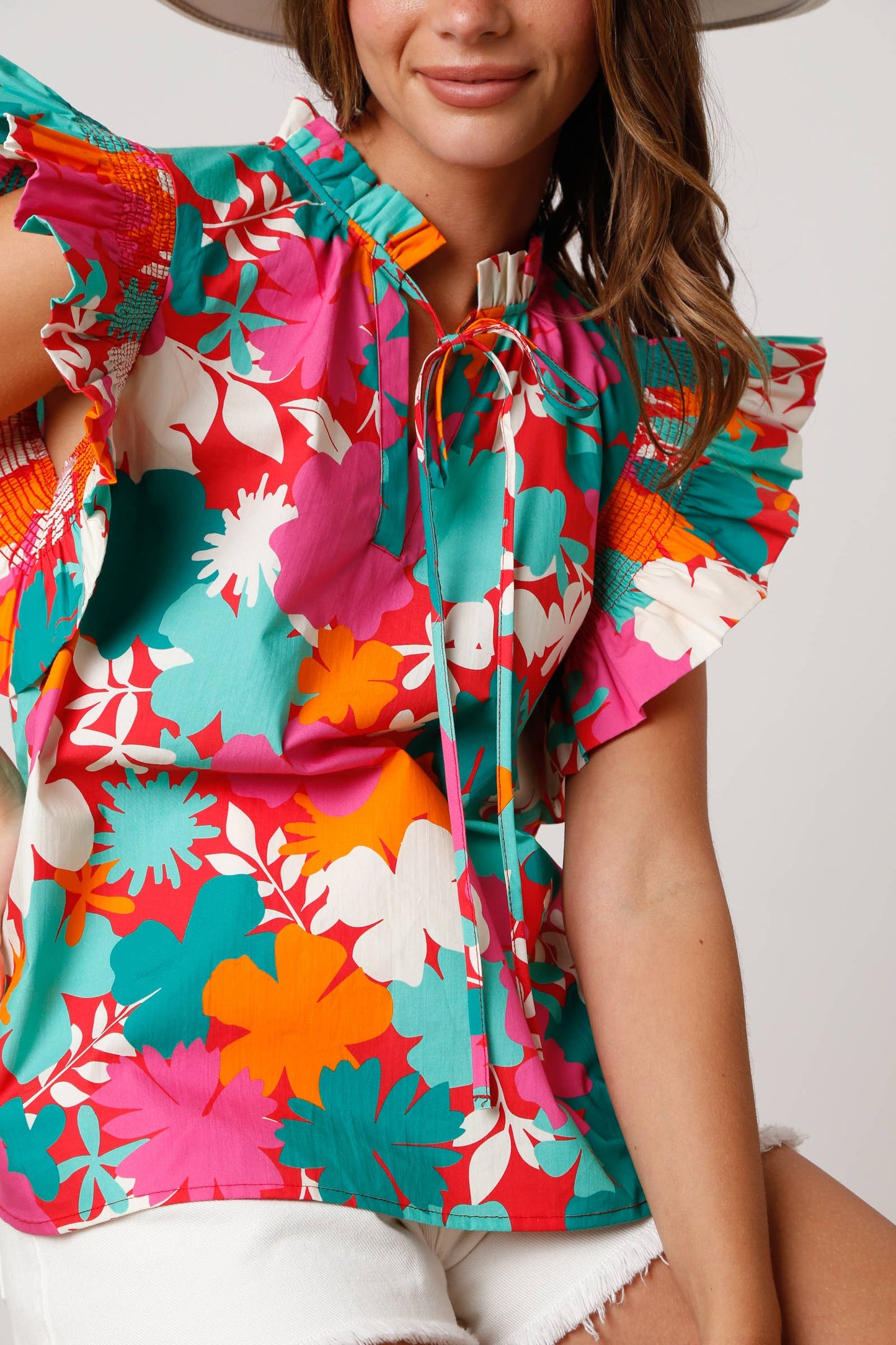 Poplin Floral Print V-Neck Ruffle Top