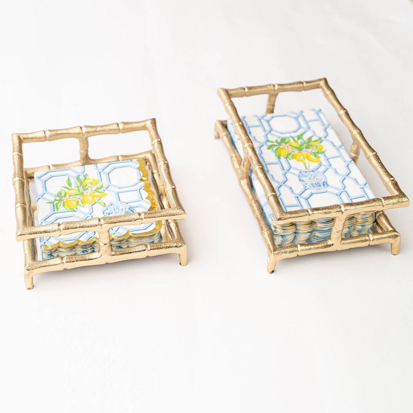 Gold Bamboo Cocktail Napkin Tray with Mirror Base