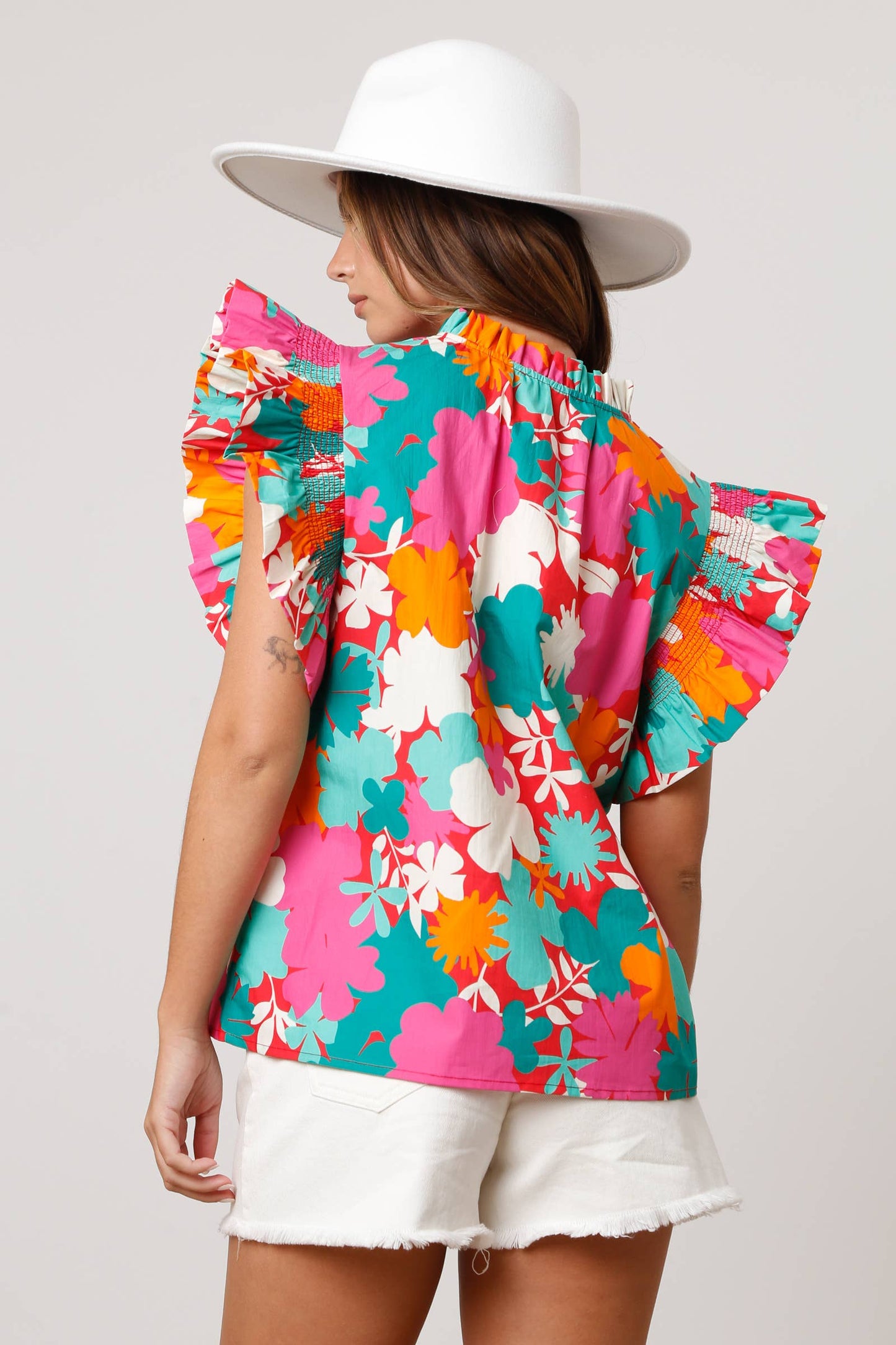 Poplin Floral Print V-Neck Ruffle Top