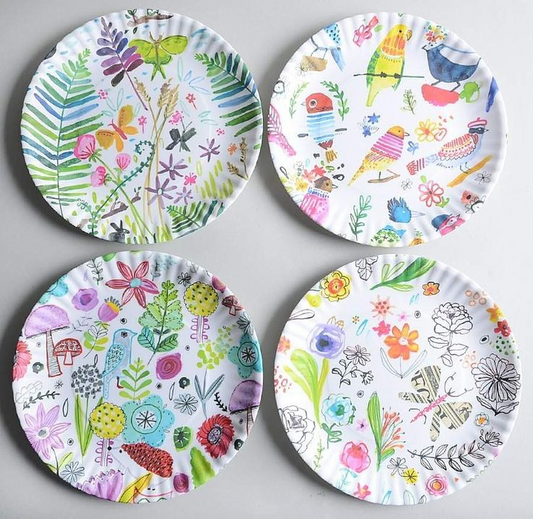 Bird & Wreath Melamine "Paper" Plate Set Of 4
