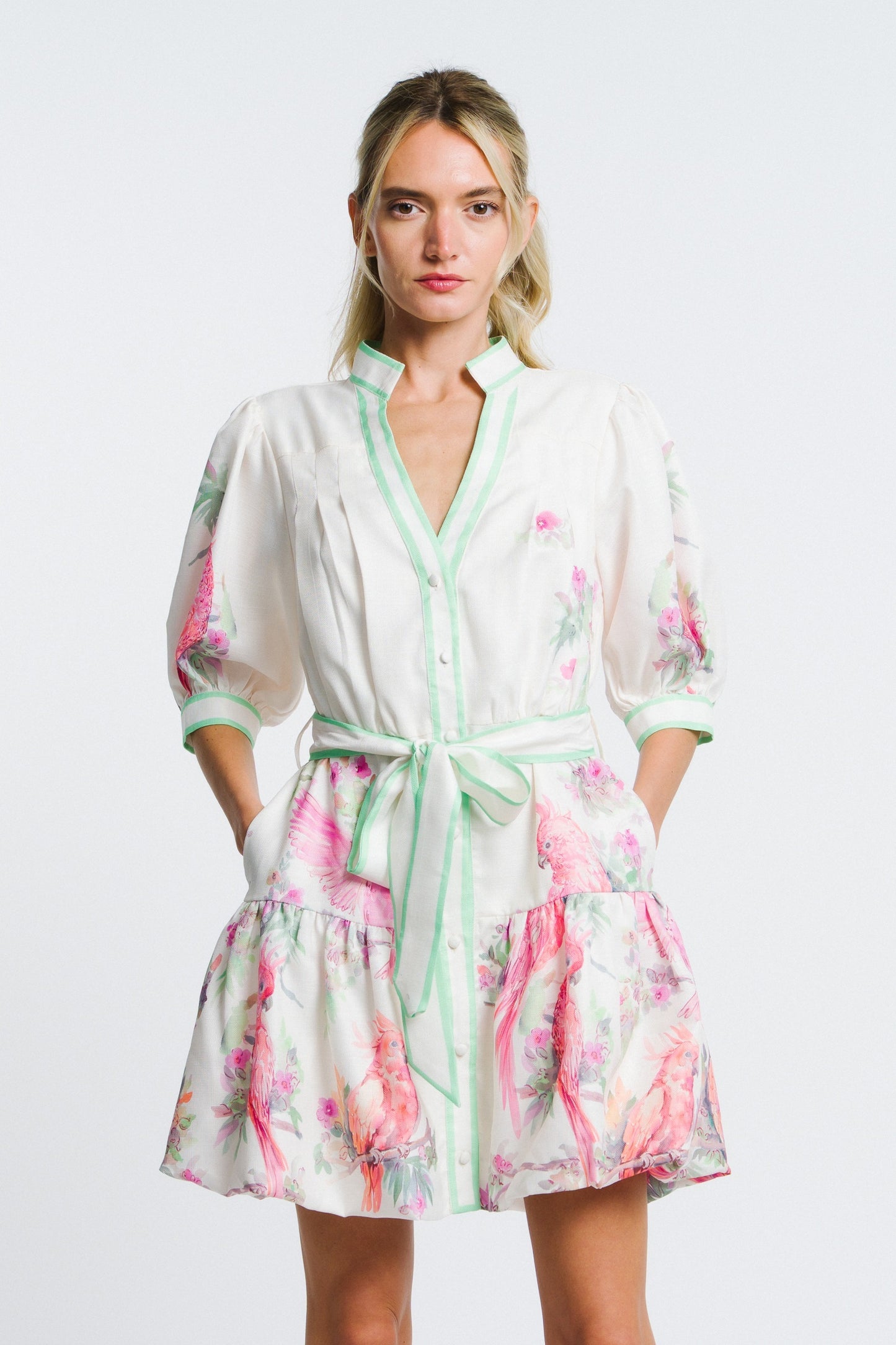 Ashton Bird Print Mini Shirt Dress