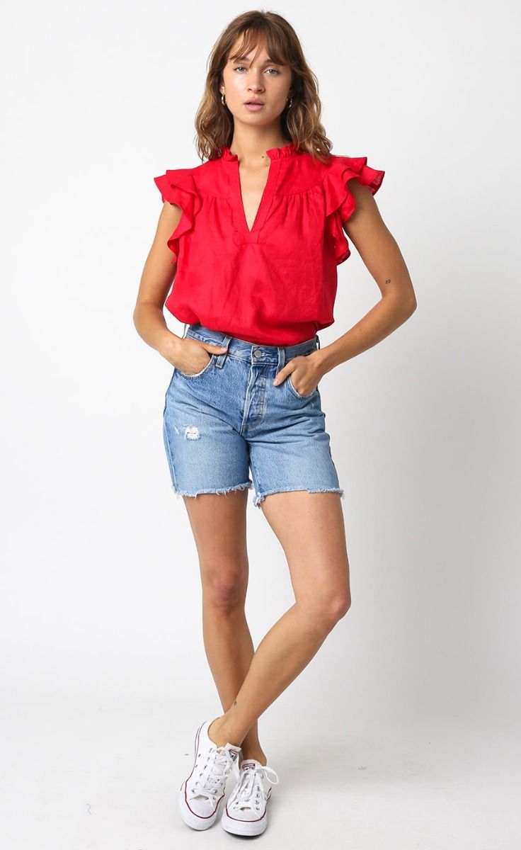 Linen Top with Ruffle Cap Sleeve