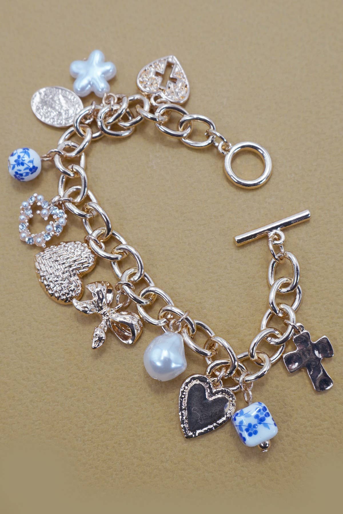 Blue Ceramic Porcelain Heart Cross Heart Bow Toggle Bracelet