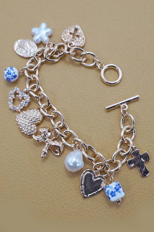 Blue Ceramic Porcelain Heart Cross Heart Bow Toggle Bracelet