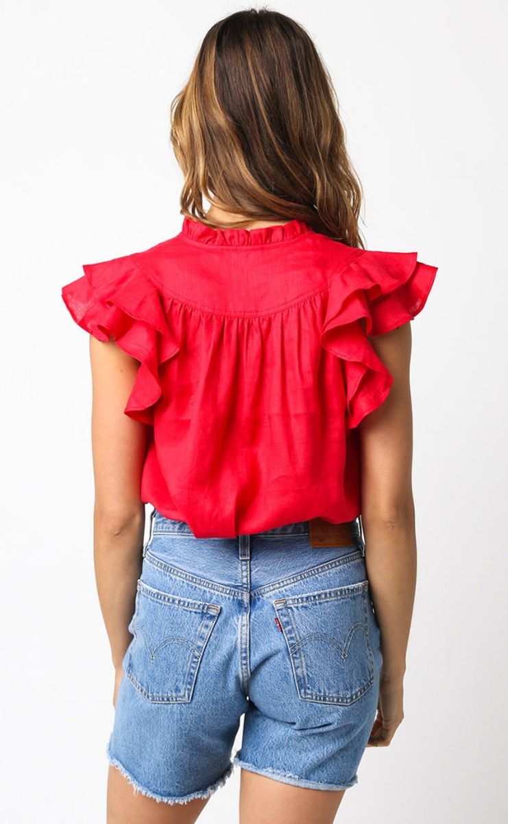 Linen Top with Ruffle Cap Sleeve