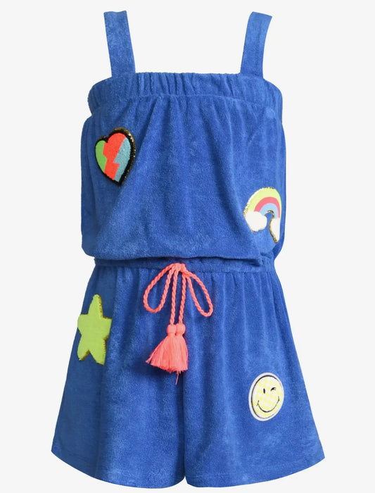 Blue Romper with Patch Trim