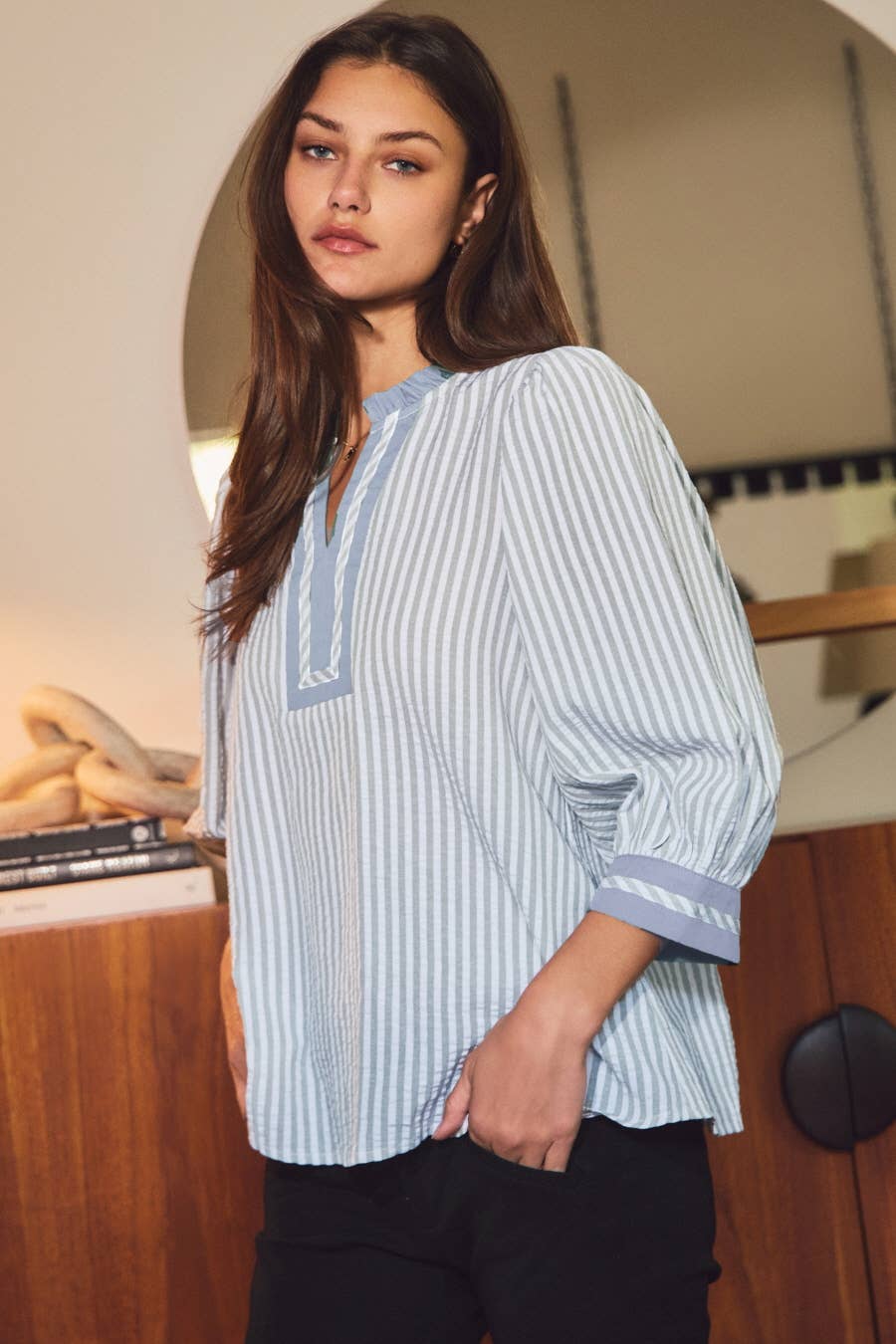 Bay Blue Striped Woven Blouse