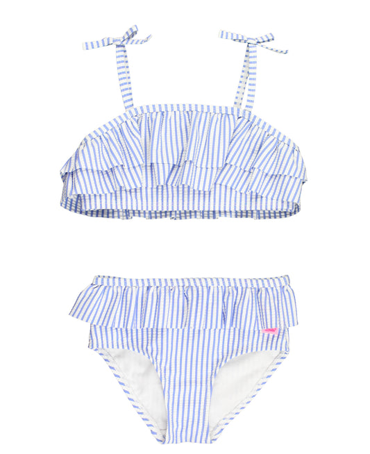 Girls Periwinkle Blue Seersucker Seersucker Bow Ruffle Bikini