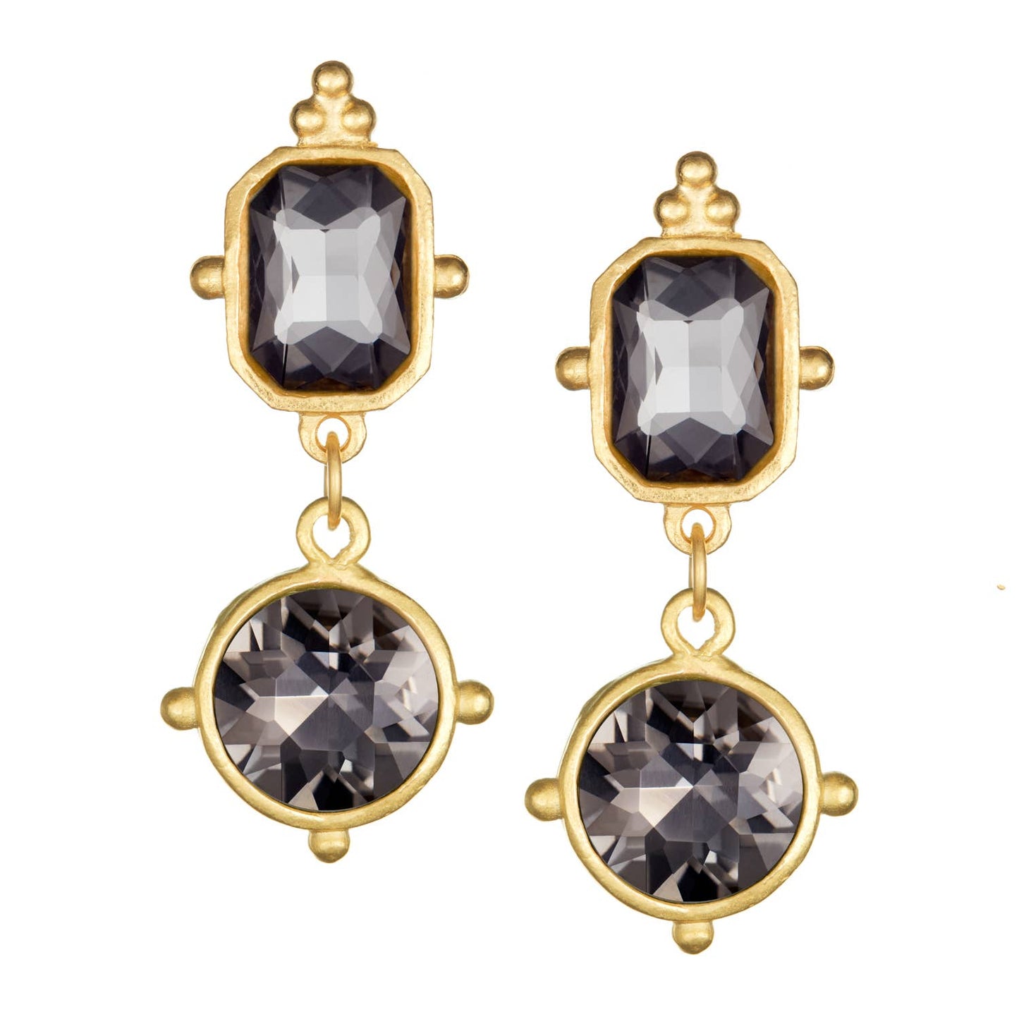 Double Slate Grey Square & Round Crystal Drop Earrings