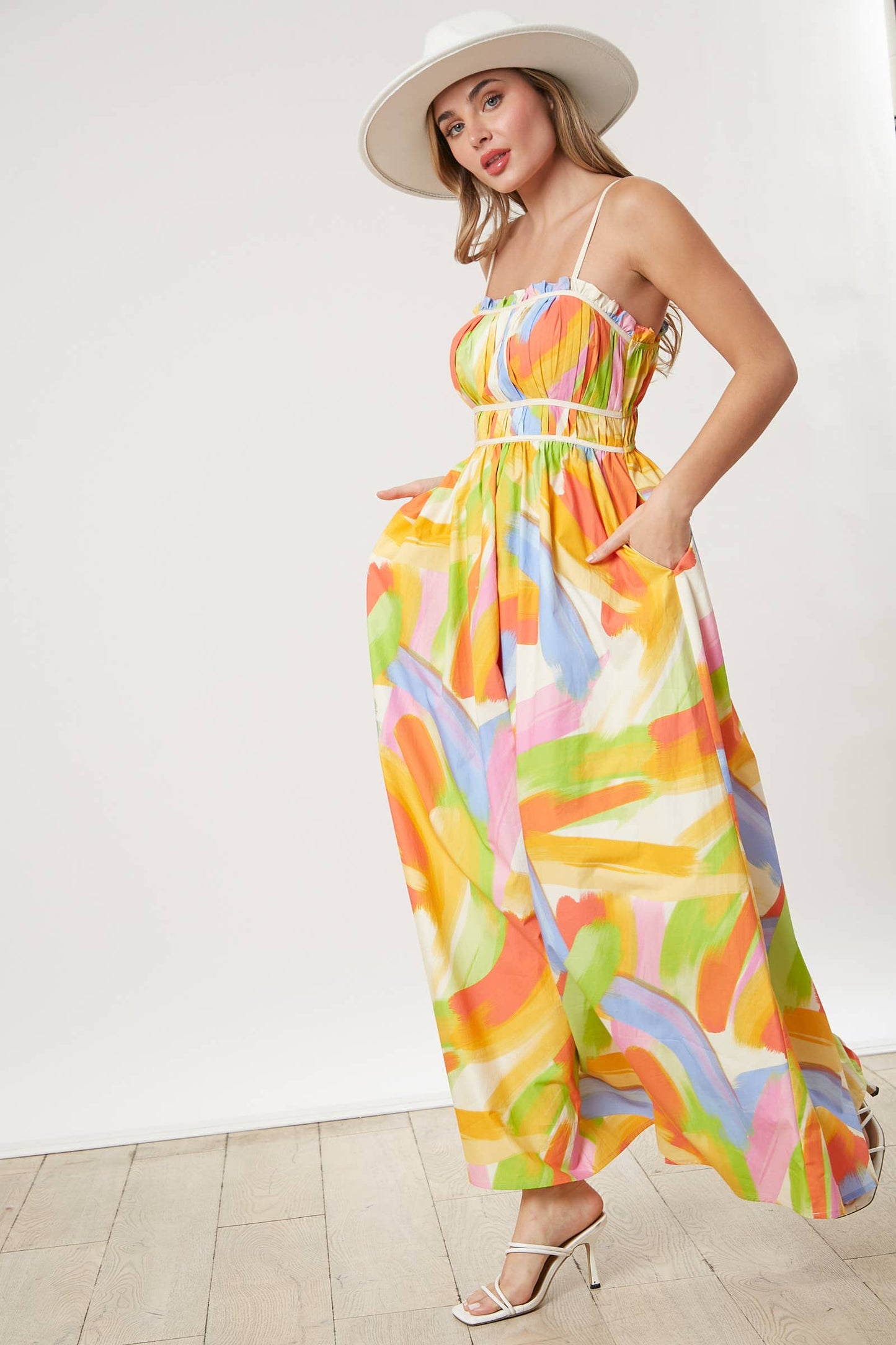 Pleated Binding Brushed Print Maxi Dress