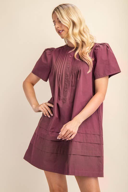 Pleated Poplin Puff Sleeve Mini Dress