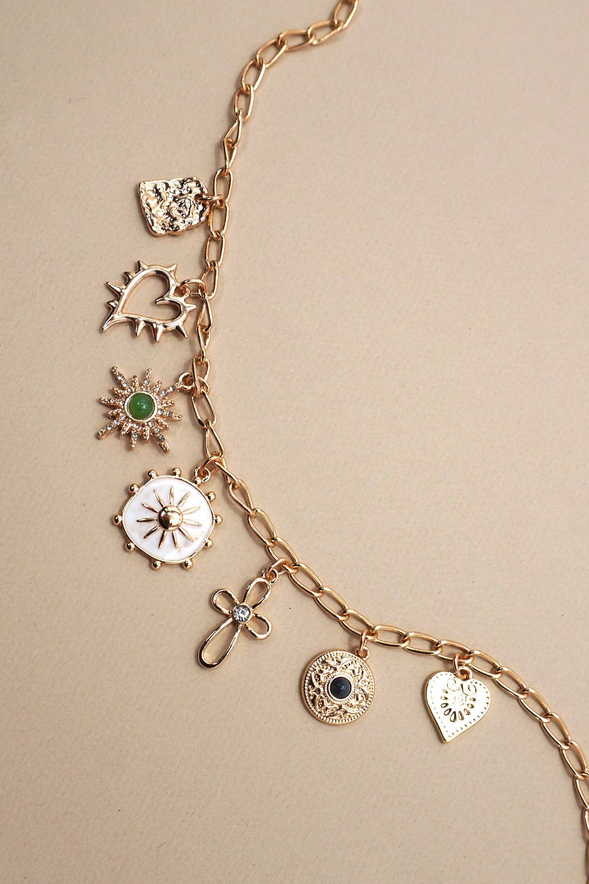 Charm Necklace Heart, Cross, Sunburst, Stone