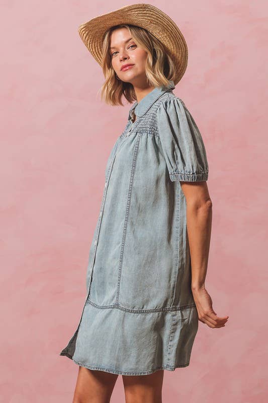 Washed Denim Smocked Yoke Button Up Shirt Dress