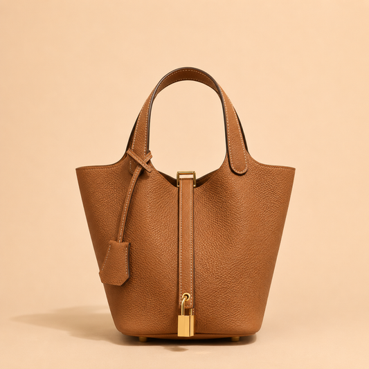 Leather Handbag with Lock - Saddle