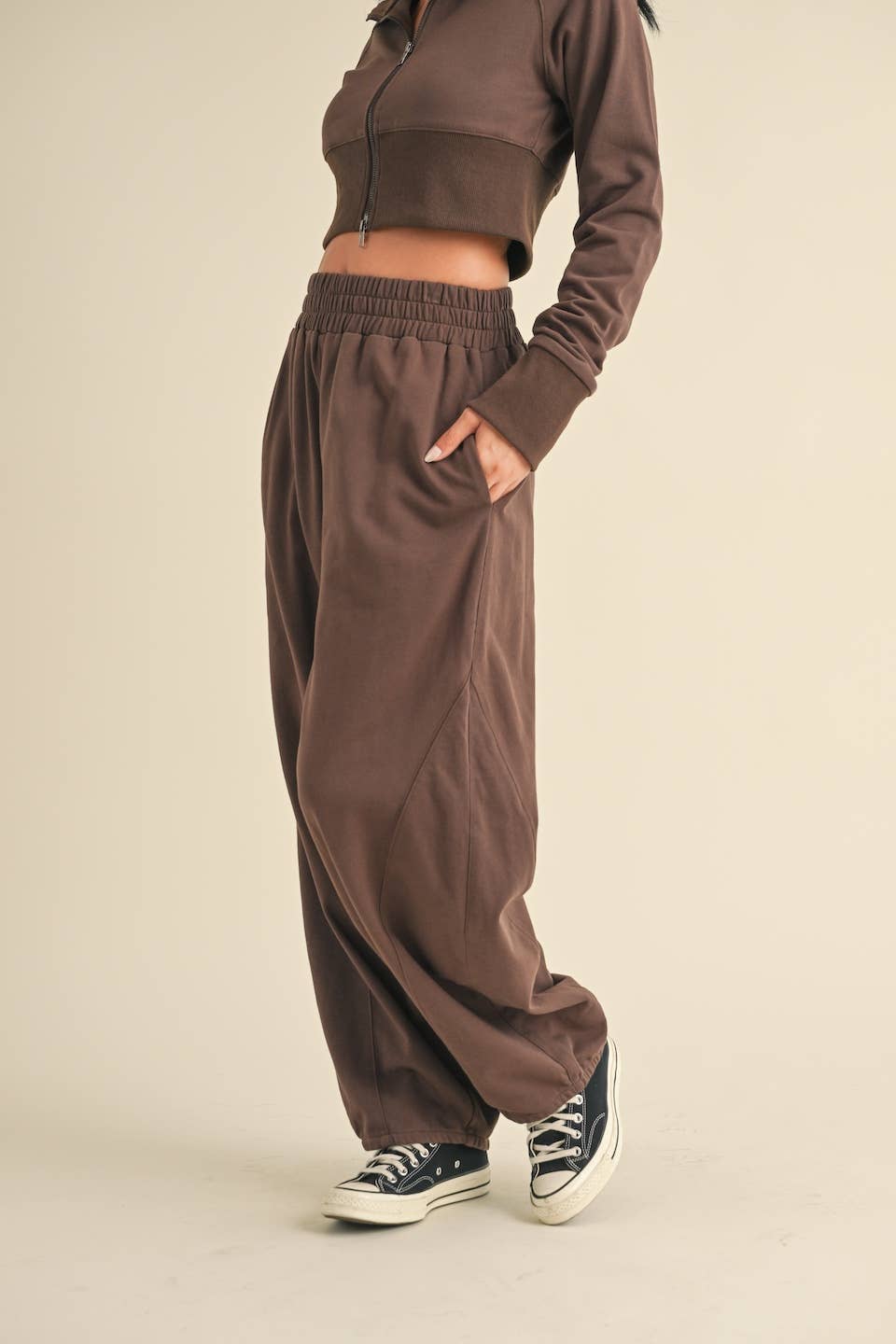 French Terry Crop Jacket and Flowy Jogger Pants Set